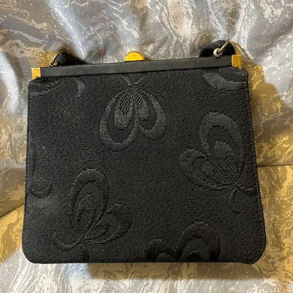 Rare VTG 1950's GARAY Black Damask Frame Handbag Double strap with bow- preowned - Picture 3 of 9